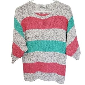 BA02 * Evian Ltd Popcorn Knit Sweater Pink Green White Size L Vintage 80s